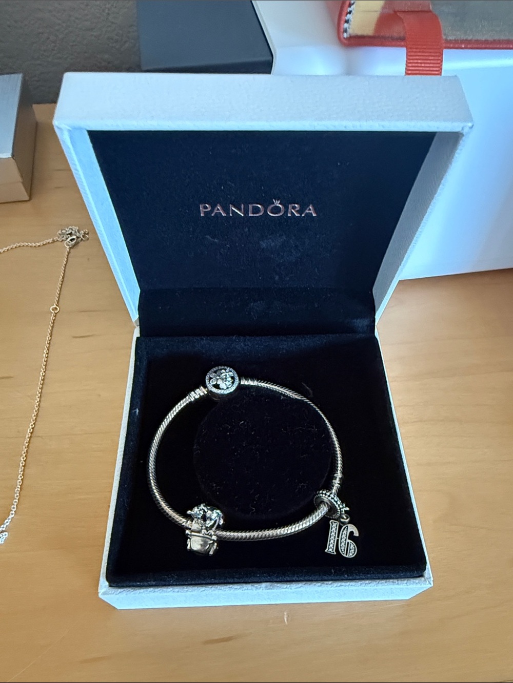 Pandora Silver Charm Bracelet with Gift and '16' Dangle
